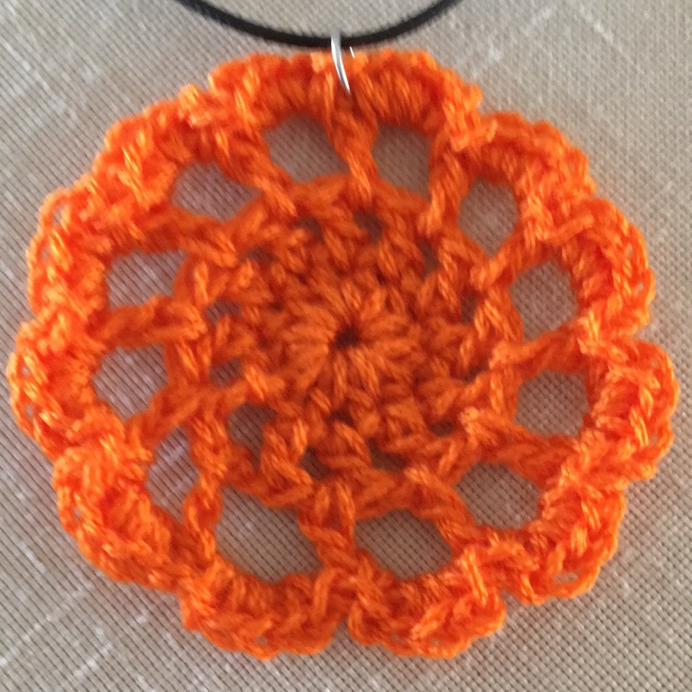 HAND CRAFTED Crocheted Boho Necklace New Orange Medallion